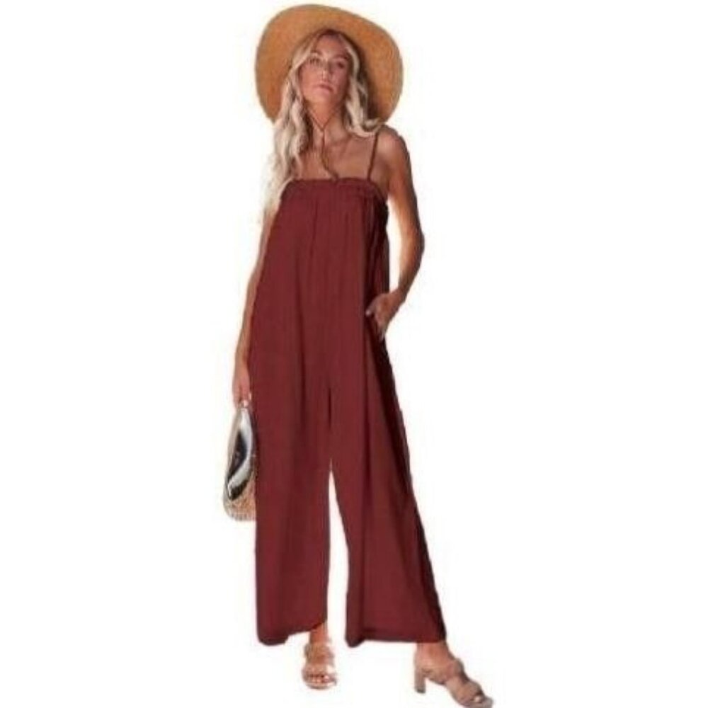 Womens Size Small Jumpsuit Sleeveless Halter Neck Wide Leg Burgundy With Pockets